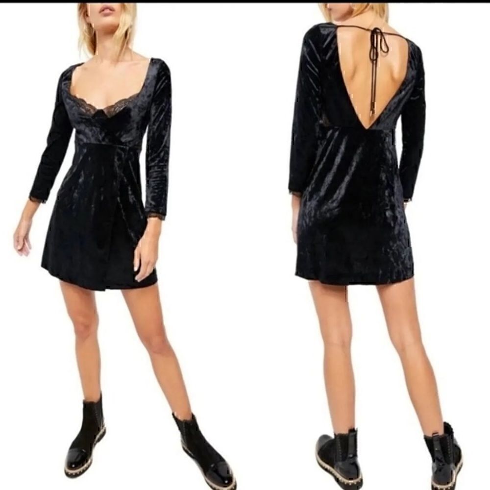 NWT Free People XS Kat Black Velvet & Lace Detail Party Dress whimsigoth